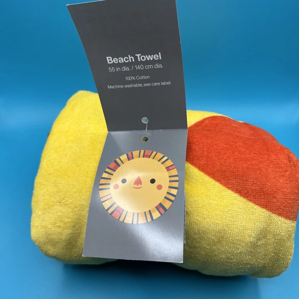 Crate &‎ Barrel Kids Beach Towel New Round Happy Face Sun Print Yellow Bathroom